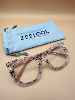 Zeelool Pink Cat-Eye Glasses Frame with Pearl Detail, unknown Prescription
